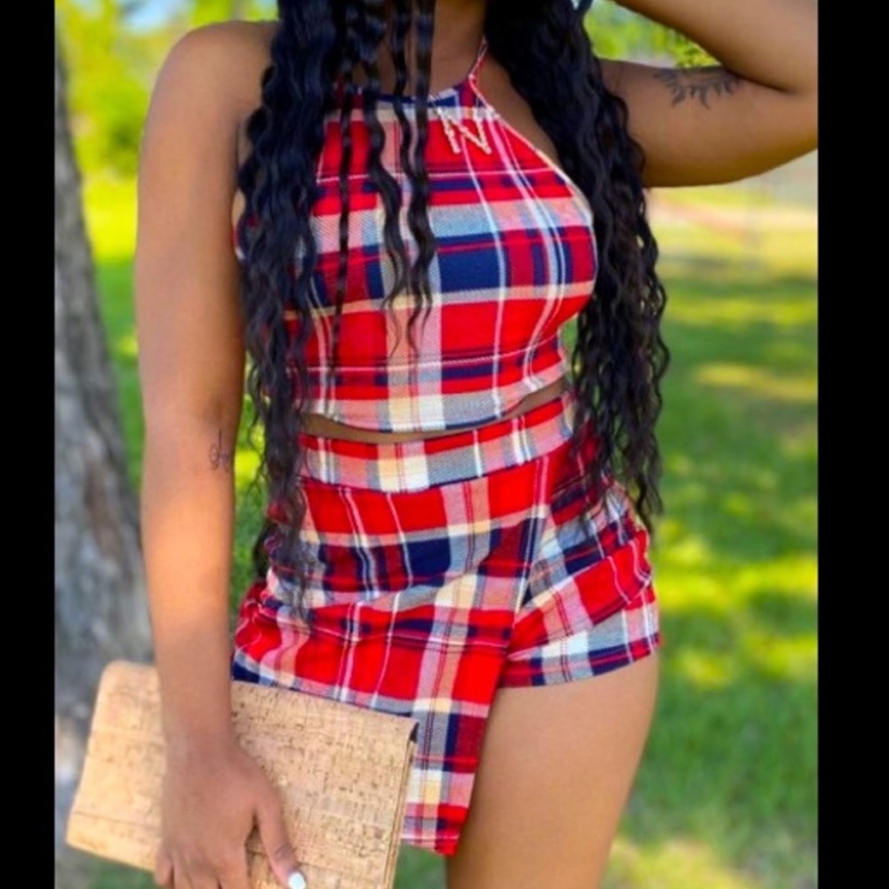 Sweet Plaid Asymmetrical Wrap Red Cami Crop Top & Wrap Skort Summer Outfit